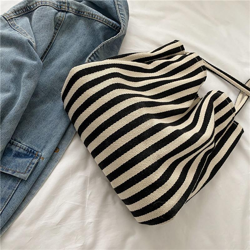 Simple Stripe Canvas Tote Bag for Women, Minimalist Ins Style, Bohemian Casual Fashion, Spring Summer Shopping Bag, Shoulder Handbag, Large Capacity