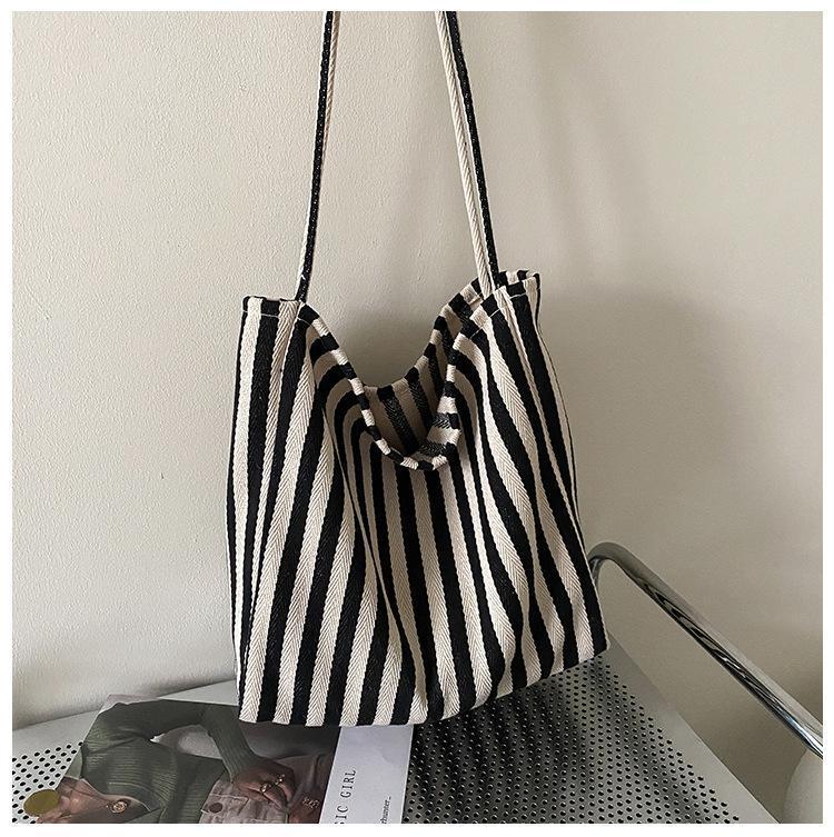 Simple Stripe Canvas Tote Bag for Women, Minimalist Ins Style, Bohemian Casual Fashion, Spring Summer Shopping Bag, Shoulder Handbag, Large Capacity