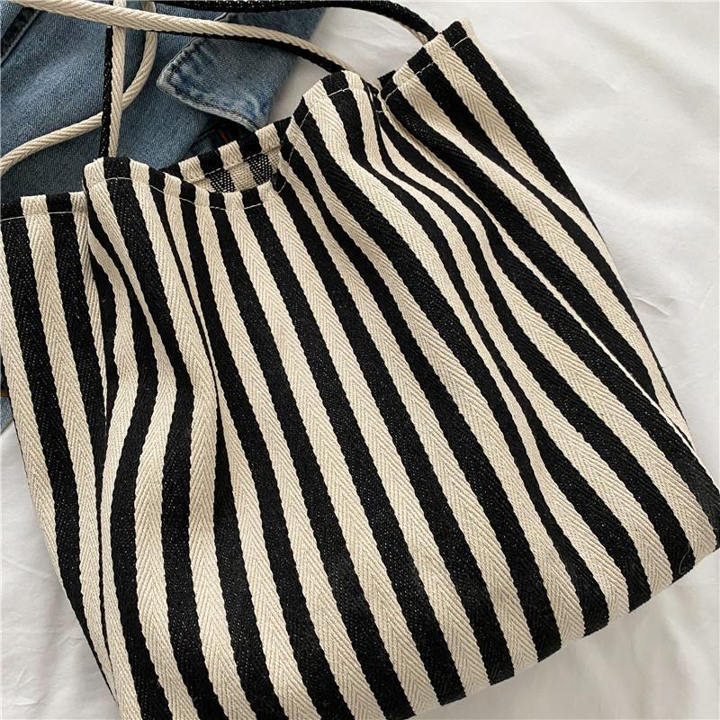 Simple Stripe Canvas Tote Bag for Women, Minimalist Ins Style, Bohemian Casual Fashion, Spring Summer Shopping Bag, Shoulder Handbag, Large Capacity